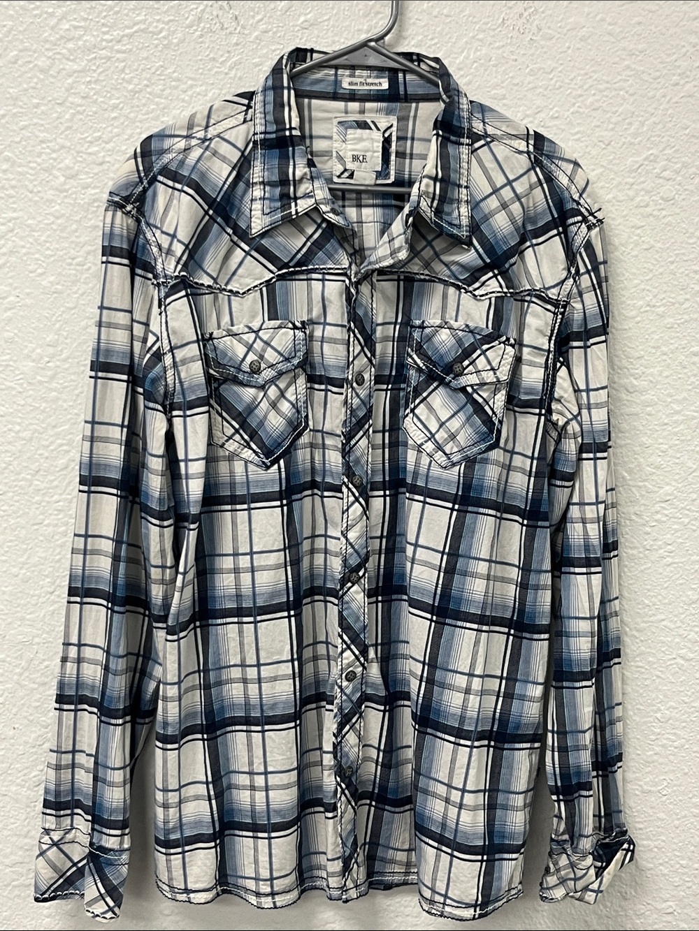 BKE Men’s Navy & White Plaid Button-Down Shirt #1232